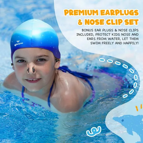Vista 7 de 3 Pack Kids Swim Cap for Boys Girls, Unisex Silicone Swimming Caps for 3-15 Toddler Children Teen, Waterproof Bathing Caps for Short/Long Hair to