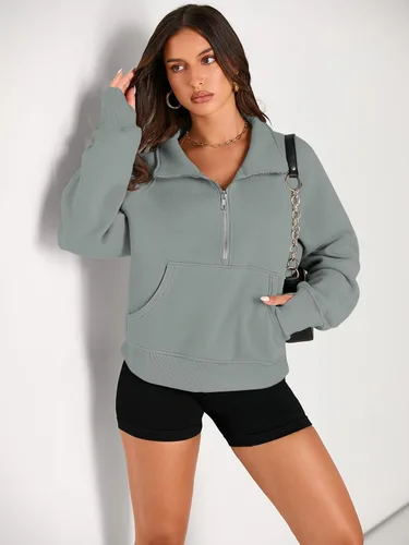 Vista 2 de AUTOMET Sudaderas con media cremallera para mujer, sudadera corta de vellón con cremallera de un cuarto, sudaderas con capucha para el otoño, a