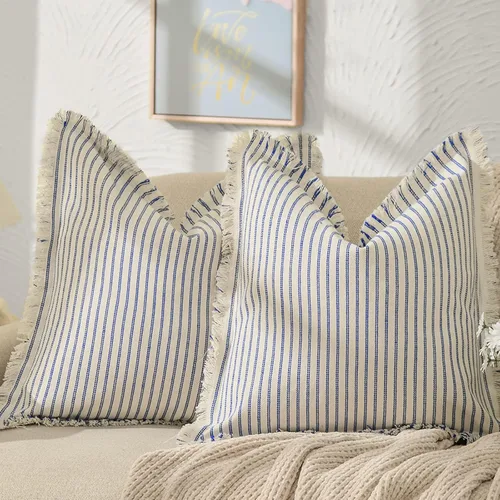 Vista 20 de Fundas de almohada ZWJD de 16 x 16 pulgadas, juego de 2 fundas de almohada a rayas con borlas, fundas de almohada de algodón chic, fundas de cojín