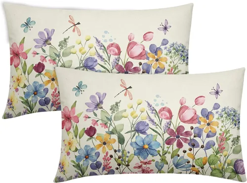 Vista 29 de Juego de 2 fundas de almohada de primavera de 16 x 16 pulgadas, diseño de conejo, flores rosas, hojas verdes salvia, plantas botánicas vintage
