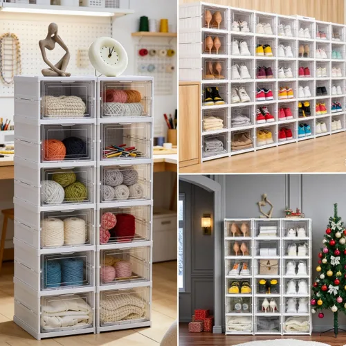 Vista 5 de ZLLZUU Caja de almacenamiento de zapatos, organizador de zapatos plegable de 6 niveles sin ensamblaje con puerta transparente, estante para zapatos