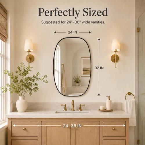 Vista 5 de Black Oval Bathroom Mirrors for Over Sink 24x32 Inch Oblong Vanity Mirror, Crystal-Clear HD Glass, Rust-Proof Aluminum Frame, Inner-Curved Decor
