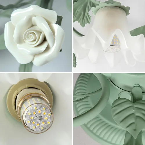 Vista 5 de LITFAD Lámpara de techo moderna con forma de flor, luz de techo empotrada con pantalla de vidrio blanco, casa de campo botánica cerca de techo