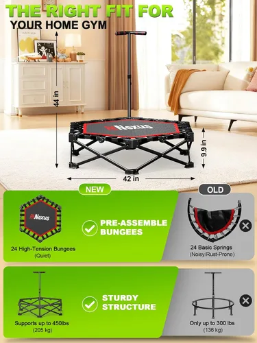 Vista 7 de 42" Foldable Mini Trampoline- 450lb Capacity Fitness Rebounder w/3-Level Adjustable T-Bar, Adults Workout Trampoline, Non-Slip Pad Foldable Design