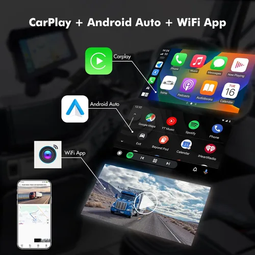 Vista 2 de VSYSTO Truck Carplay, 5 "pantalla táctil WiFi 3CH Truck Dash Cam, navegación GPS, Monitoreo de estacionamiento, Cámaras frontal e izquierda