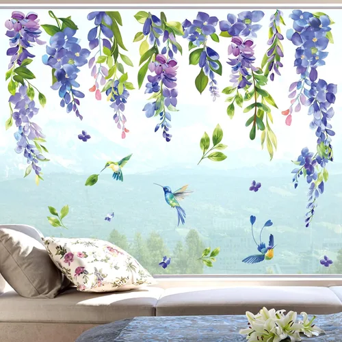 Vista 3 de Wondever Etiqueta engomada de cristal de hoja floral de colibrí colgante de flores de primavera azul púrpura etiqueta de ventana estática de doble