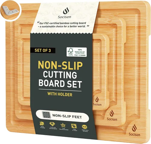 Vista 12 de Tabla de cortar de bambú extra grande con pies antideslizantes y tabla de cortar de madera para cocina con ranura de jugos para carne, verduras