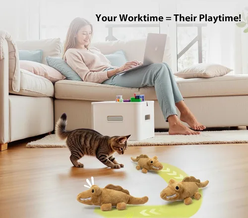 Vista 7 de Juguetes interactivos para gatos de interior – Caimán de movimiento automático con movimiento aleatorio de 360° y meneo de cola, juguete