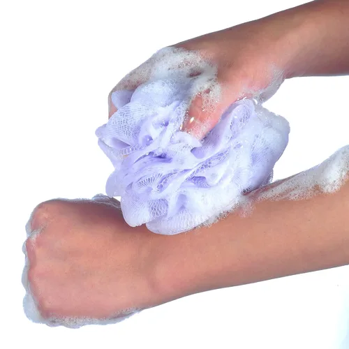 Vista 3 de Esponja de baño de malla multicolor de 2.12 oz/pieza, puf de ducha, esponjas, paquete de 4 (blanco, rosa, morado y azul)
