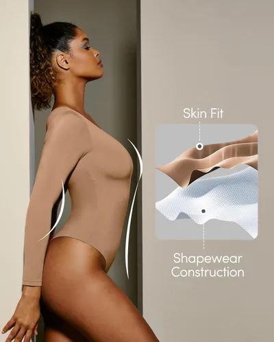 Vista 2 de IUGA Body de manga larga para mujer, con control de abdomen, cuello en V, trajes para mujer
