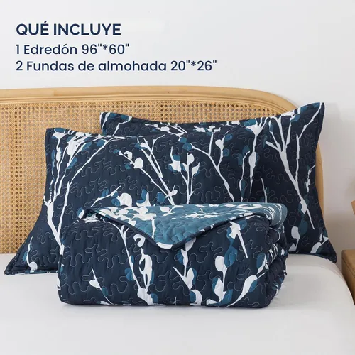 Vista 7 de Andency - Juego de edredón tamaño Queen en color azul marino (96 x 90 pulgadas), 3 piezas de colcha ligera con diseño floral, edredón reversible