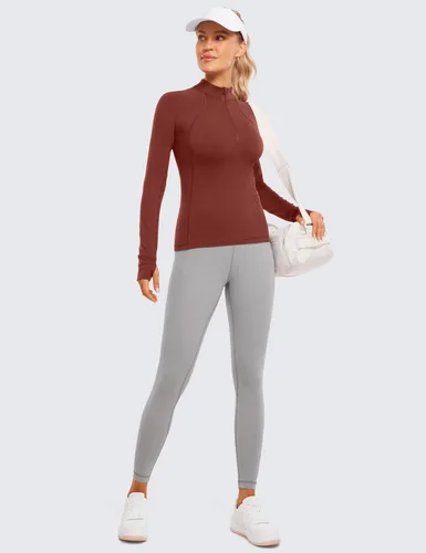 Vista 3 de CRZ YOGA Camiseta de manga larga con media cremallera para mujer, ajustada, para entrenamiento, yoga, atletismo, con agujeros para los pulgares