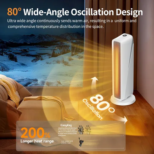 Vista 3 de EasyKey - Calentador de espacio QuietTimer de 24 pulgadas para habitaciones grandes, con punta / seguro contra sobrecalentamiento, color blanco