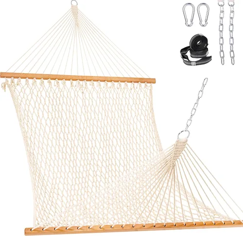 Vista 9 de Lazy Daze Hammocks Hamaca de Cuerda Doble, Hamaca Tradicional de Cuerda de Algodón Tejida a Mano para 2 Personas al Aire Libre con Barra Separadora