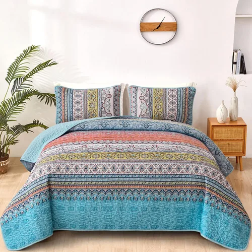 Vista 24 de WONGS BEDDING Juego de edredón bohemio tamaño individual, juego de ropa de cama azul bohemio individual, colcha de microfibra ligera con funda