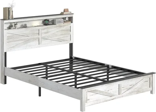 Vista 7 de Base de cama de madera de pino con estante de cabecera de carga de luces, cama de plataforma de tamaño matrimonial, color blanco rústico y gris, sin