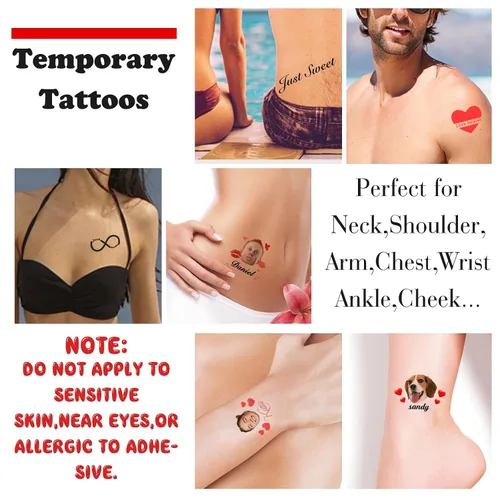 Vista 6 de Tatuajes personalizados temporales personalizados temporales con nombre, logotipo, foto facial para adultos, boda, cumpleaños, San Valentín