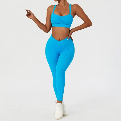 Vista 5 de ABOCIW Conjuntos de entrenamiento para mujer, 2 piezas, cintura cruzada, leggings de cintura alta, tirantes deportivos, para ejercicio, gimnasio