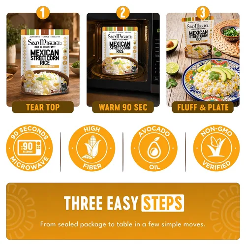 Vista 6 de San Miguel - Arroz de maíz mexicano para microondas, 0.39 oz de proteína Arroz de maíz callejero mexicano • Caldo de huesos • Aceite de aguacate •