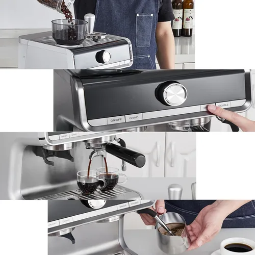 Vista 6 de Máquina de café expreso de 20 barras con molinillo, cafetera espresso profesional con espumador de leche, acero inoxidable cepillado, tanque de agua