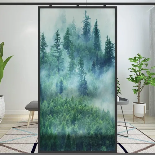 Vista 6 de Película de privacidad para ventana, diseño de bosque brumoso natural, película decorativa de vidrio manchado, película extraíble para baño, ducha