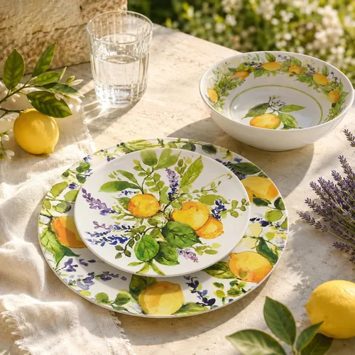 Vista 2 de Lemon Zest - Juego de vajilla de melamina de 12 piezas, servicio para 4 – Platos y cuencos irrompibles al aire libre para cenar en el patio