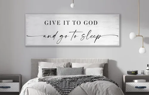 Vista 2 de NATVVA Póster de pared con texto en inglés "Give It to God and Go to Sleep", póster impreso en lienzo, impresiones artísticas, pintura, obra de arte