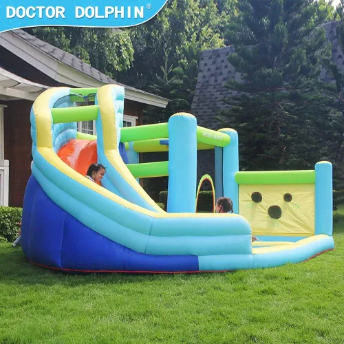 Vista 5 de Doctor Dolphin Casa de rebote de agua, parque inflable de tobogán acuático para niños, patio trasero, diversión al aire libre de verano con pistola
