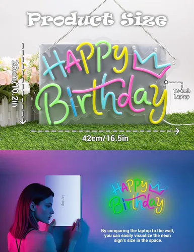Vista 2 de Letrero de neón de feliz cumpleaños para decoración de fondo, letrero LED con luz de feliz cumpleaños para telón de fondo de fiesta con alimentación