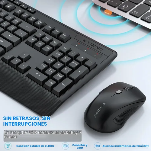 Vista 4 de Combo de teclado y mouse inalámbricos, E-YOOSO 2.4GHz, teclado inalámbrico ergonómico de tamaño completo con reposa muñecas, mouse USB inalámbrico