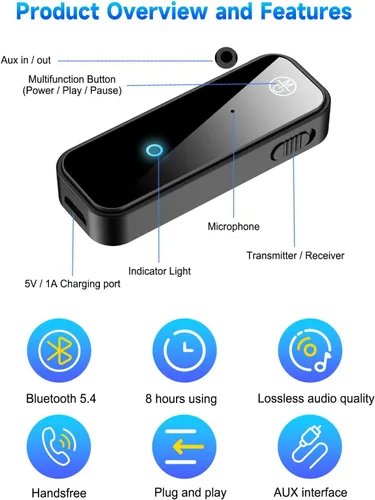 Vista 8 de Adaptador auxiliar auxiliar Bluetooth 5.4 para coche, transmisor receptor Bluetooth 2 en 1, conector de 0.138 in, adaptador de audio inalámbrico