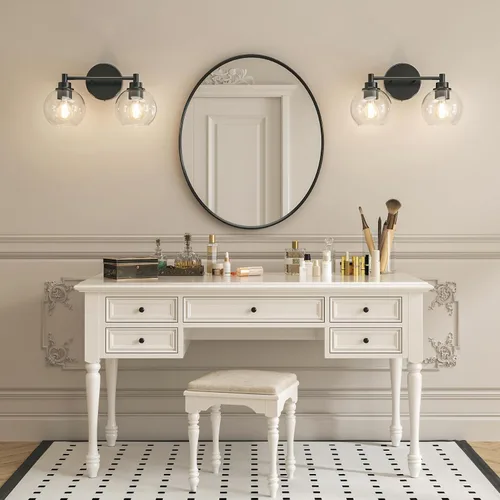 Vista 7 de VONLUCE Accesorios de iluminación de baño, luz de tocador de baño de 2 luces con pantallas de vidrio globo E26, luces de tocador para dormitorio