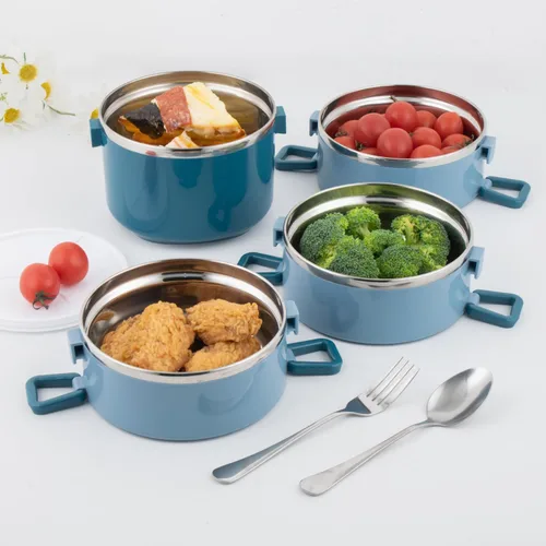 Vista 2 de SANQIAHOME Lonchera apilable de acero inoxidable de 4 niveles sellada (azul, 4 capas) con cuchara y tenedor