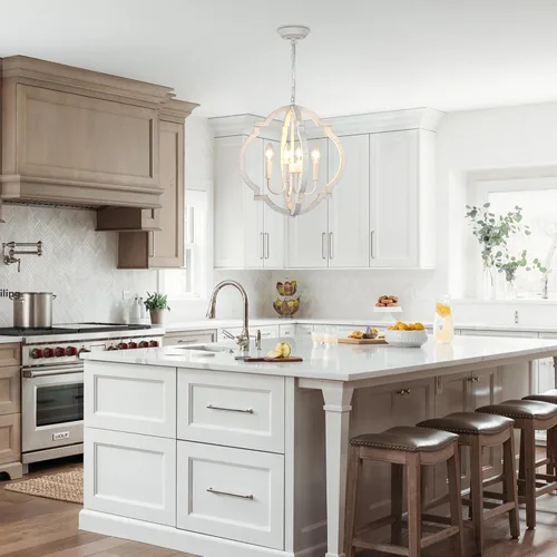 Vista 3 de Lámpara de araña blanca para comedor - Lámpara colgante moderna de 4 luces, luces colgantes de madera rústica para cocina, isla, sala de estar