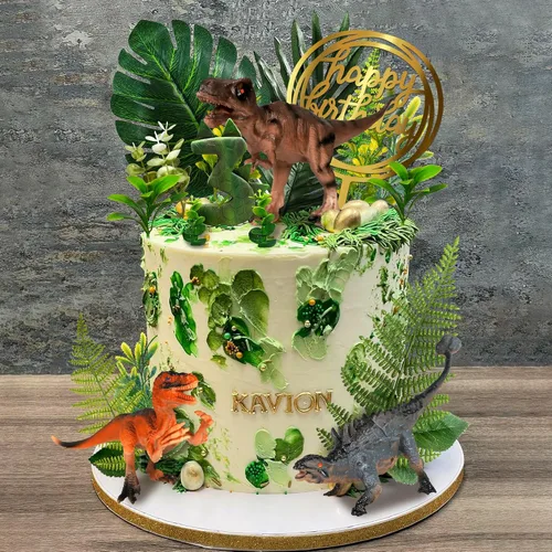 Vista 5 de Decoración de pastel de dinosaurio, plantas de selva, figuras de dinosaurio