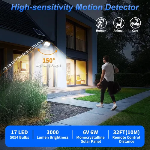 Vista 5 de Luces solares de 3000 lm para exteriores, luz con sensor de movimiento impermeable IP67 con batería de 4000 mAh, luz de seguridad solar LED