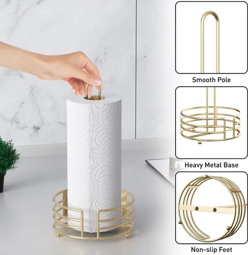 Vista 5 de Buruis Toallero de papel dorado brillante para encimera de cocina, desgarro con una mano con base de 8 pulgadas de ancho, 13 pulgadas de altura