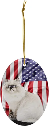Vista 2 de Bandera estadounidense temática con punta negra de gato del Himalaya, adornos de Navidad 2024 ovalados de cerámica blanca, regalo para propietario