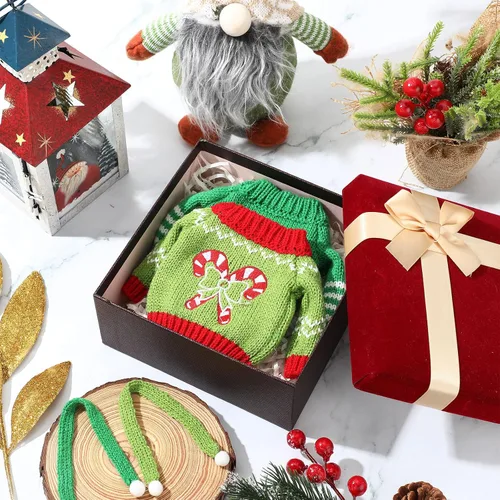 Vista 4 de 12 piezas de conjunto de ropa y accesorios para muñeca de Navidad, suéter con estampado de árbol de Navidad, reno y copo de nieve, pequeño suéter
