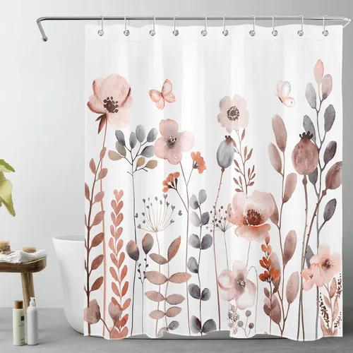 Vista 19 de Cortina de ducha con diseño bohemio de plantas y flores de acuarela sobre fondo beige, cortina de ducha de baño con hojas naturales, cortina