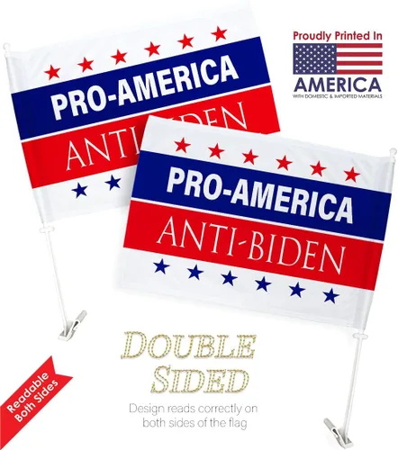 Vista 4 de Trump Flag Paquete de banderas estadounidenses anti Biden de Estados Unidos, soporte de montaje para decoración de ventana de automóvil, pequeño Pro