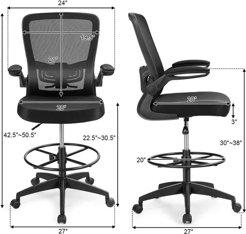 Vista 3 de GIANTEX Juego de 2 sillas de dibujo, sillas altas de oficina para Negro