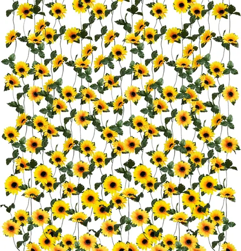 Vista 8 de Uieke Paquete de 2 guirnaldas artificiales de girasol, 6 pies/hebra, girasoles de seda colgantes enredaderas, guirnalda de flores con hojas verdes