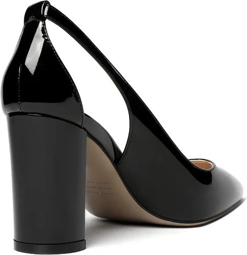 Vista 5 de MERRORI Zapatos de tacón alto grueso para mujer, tacón puntiagudo recortado, zapatos de patente de bloque de 3.3 pulgadas