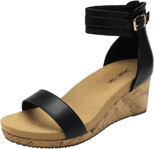 Vista 14 de Dream Pairs Sandalias de plataforma, con cuña y correa al tobillo, con hebilla y punta abierta, para mujer Negro