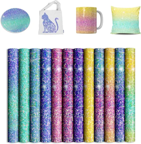 Vista 11 de Hojas de transferencia con purpurina para productos en blanco de sublimación: taza, vaso, camiseta, bolsa tote, 12 hojas de 12x12 pulgadas