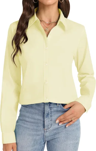 Vista 14 de Camisas con botones J.VER para mujer con cuello elástico y manga larga de algodón, camisa de vestir casual de negocios para el trabajo