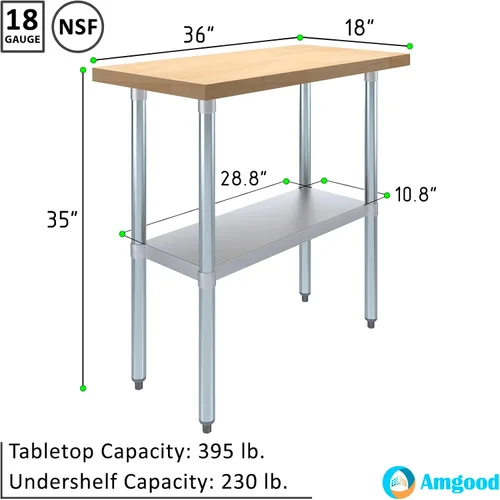 Vista 3 de AmGood Mesa de trabajo de madera de arce de 18 x 36 pulgadas con estante inferior ajustable