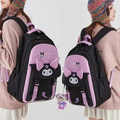 Vista 6 de Linda mochila de 2 piezas para mujer, mochila casual para viajes, mochila casual de gran capacidad de 18 pulgadas con colgante de felpa, Púrpura