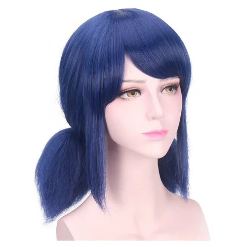 Vista 8 de DAZCOS Peluca de cosplay de anime para niñas y mujeres, cabello azul con cuerda roja